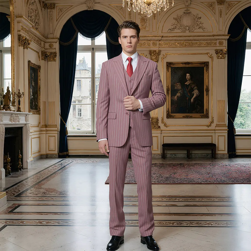 Men's Fitted Tailored 3-Piece Pinstripe Suit - Blazer, Long Sleeve Blouse/Shirt, V-Neck Vest, Trouser, Polyester Wrinkle-Resistant Fabric, Dusty Pink, All Seasons Formal Business Wedding Chic Set, Size M