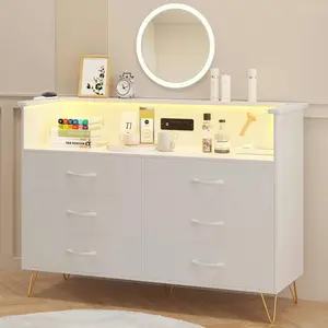 LED 6-Drawer Dresser for Bedroom - Wood & Steel Storage with Charging Station, Easy-Pull Handles for Living Room/Closet,White