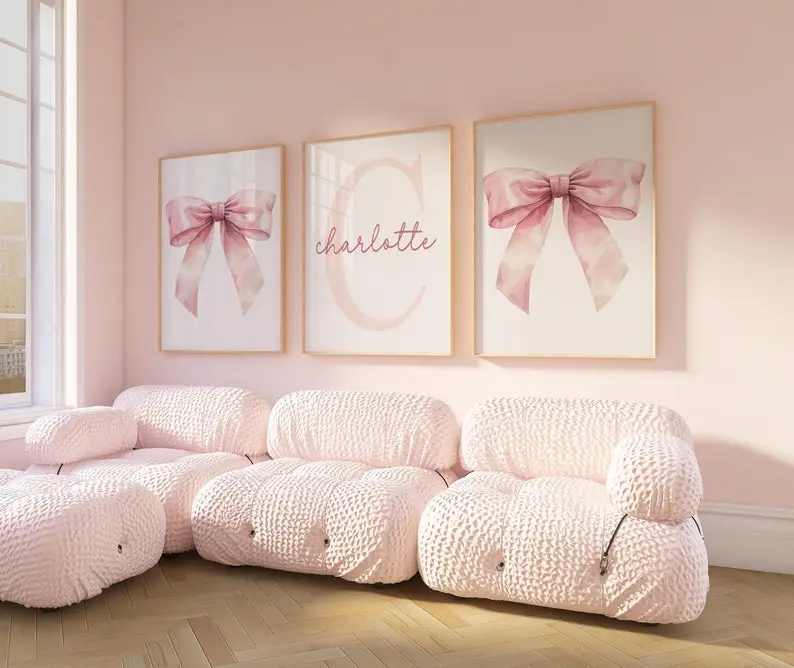 Pink Bow Wall Art, Custom Initial Name Art, Pink Girly Art, Pink Nursery Set of 3, Pink Bow Watercolor Print, Pink Bow Decor 422H