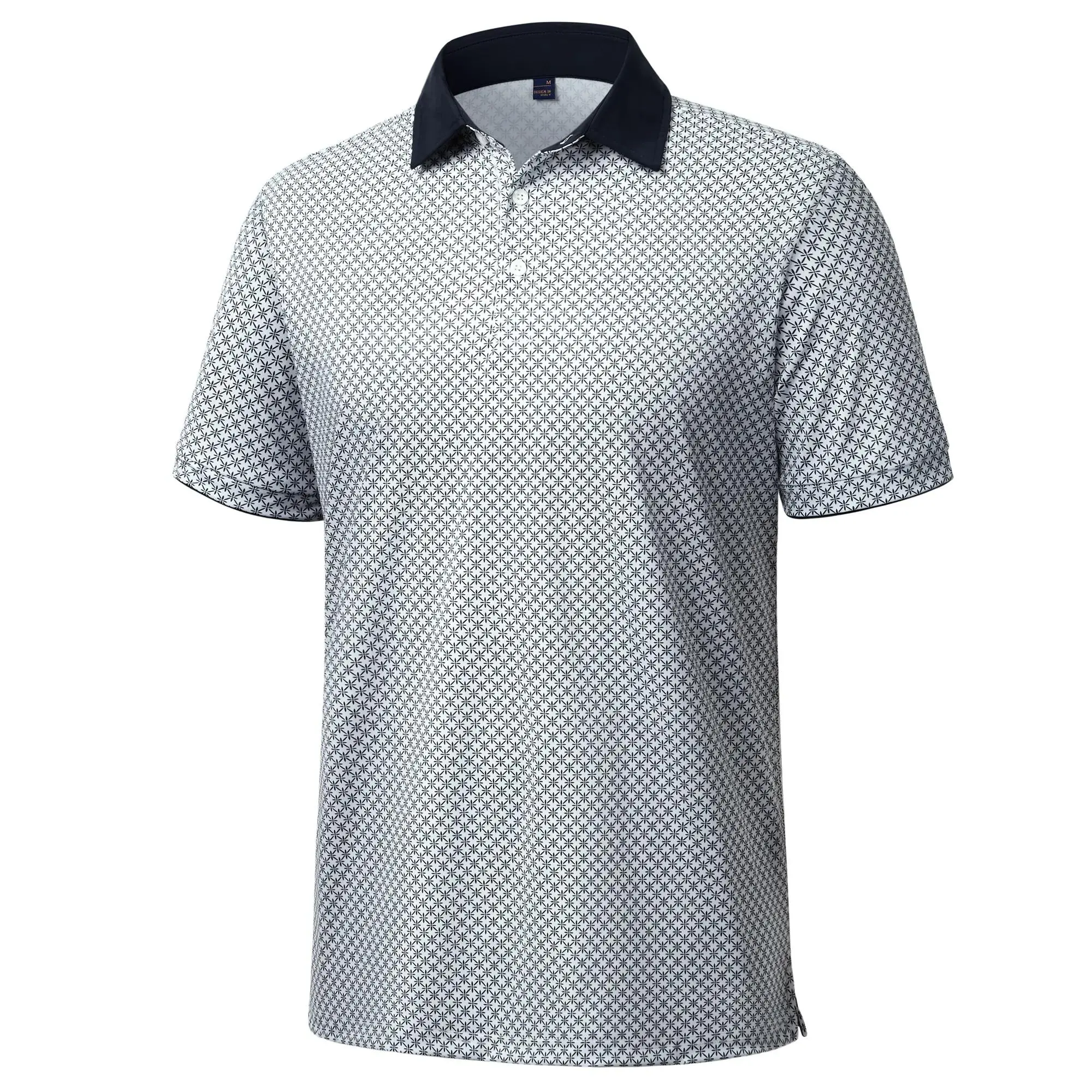 Men's Geometric Star Print Polo Shirt – Lightweight Moisture Wicking Stretch Polo with Contrast Collar