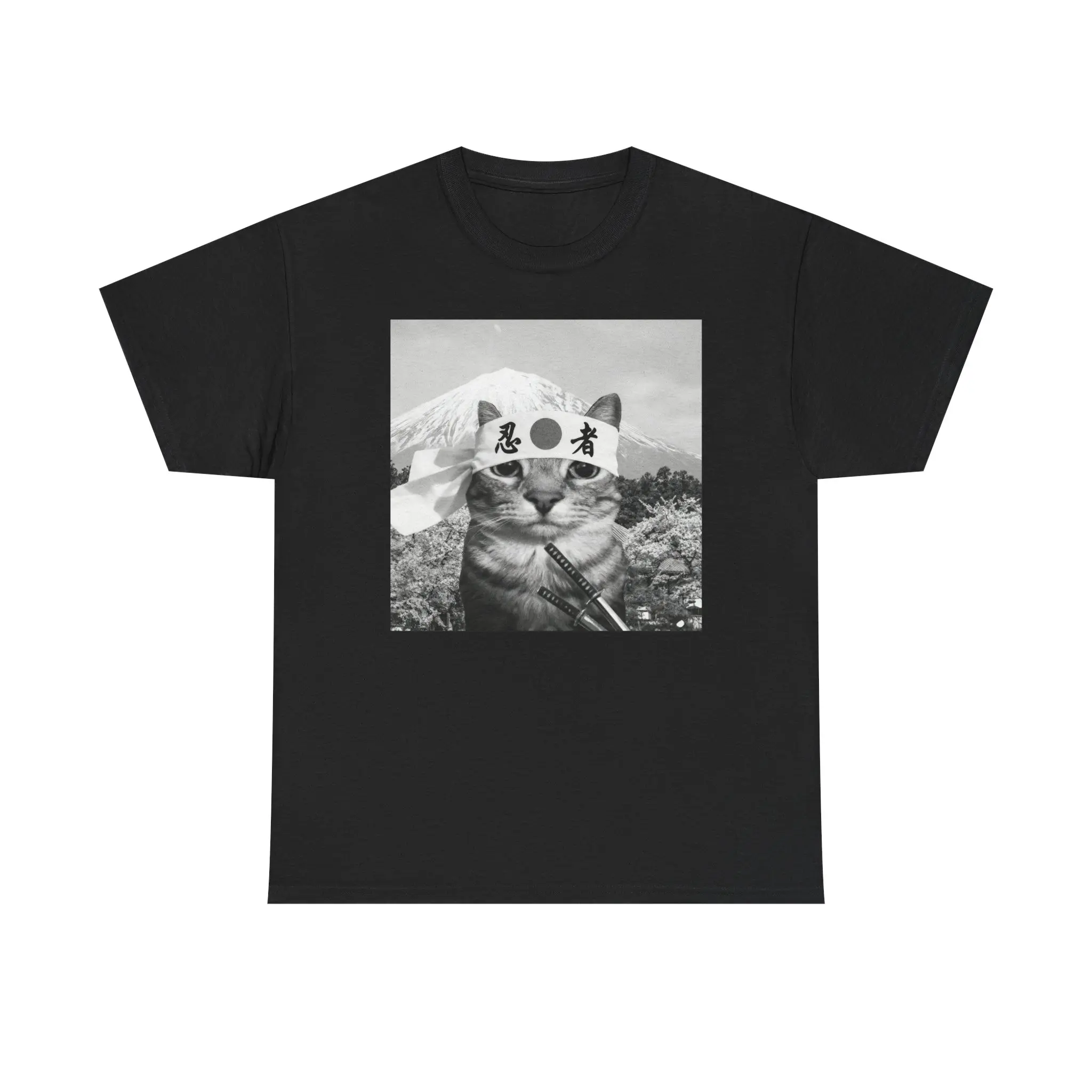 Samurai Cat Shirt - Unisex 100% Cotton Top with Animal Print Hem, Ethically Sourced, Oversized Fit, USA Grown