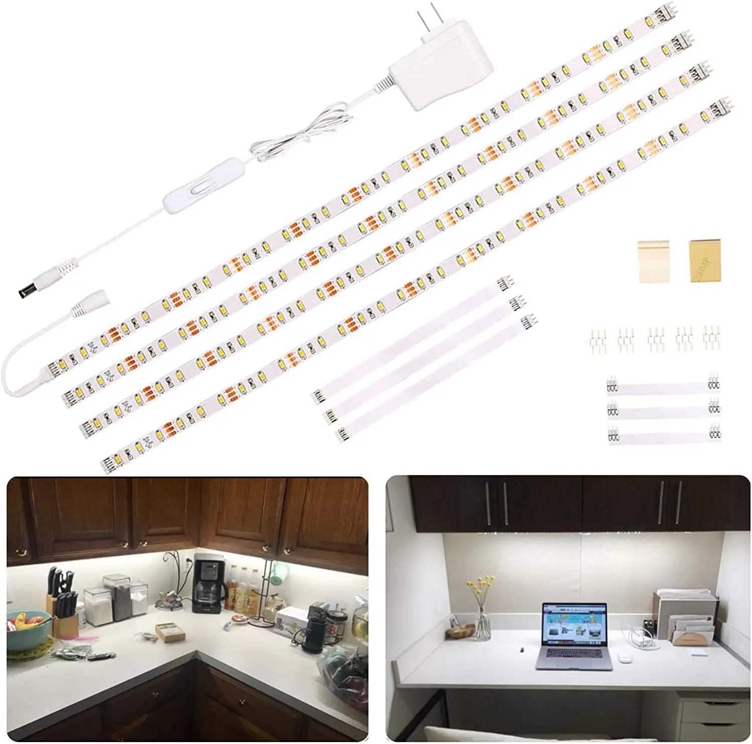 LED Under Cabinet Lighting Kit,Flexible LED Ribbon Lights Bar,Under Counter Lights for Kitchen,Cupboard,Desk,Showcase,Shelf,6.6 Feet Rope Light Set,120 LED,1200lm,6000K White,4 Panel