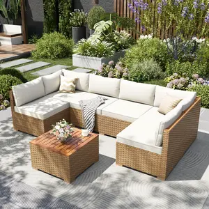 【1 or 2 Packages Shipping】Phivilla Home Outdoor Patio Rattan Furniture Set with Acacia Wood Coffee Table, Thick Cushions – 3/7-Piece Sofa Set for Balcony, Porch & Patio, SpringGlowUp