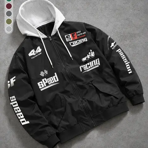 Men’s Letter Print Casual Jacket — Drapey, Wrinkle-Resistant fabric ; Color-Blocked Design with Hood and Drawstring; Retro Racing Style; Perfect for Going Out, Commuting, and Dates; A Stylish, Versatile Outerwear Piece