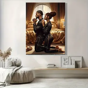 1pc Elegant African American Couple Praying Canvas Art - Modern Black Wall Decor with Solid Wood Frame, Serene Bedroom Scene, Perfect for Home, Living Room, or Office Decoration, African Home Decor