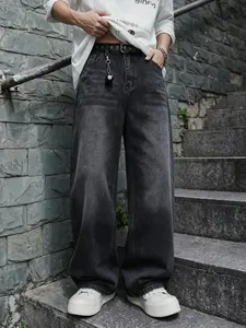2-pack men’s vintage washed gradient jeans, mid-rise button front design, whiskers finish denim fabric, loose curved wide-leg fit, suitable for everyday casual wear, streetwear looks, and trendy brand outings.
