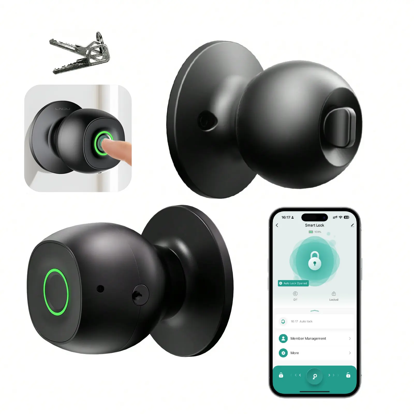 LNDU APP Controlled Smart Fingerprint Door Knob, Keyless Biometric Lock with 3 Security Modes, Type-C Emergency Power for Bedroom, Home, Office