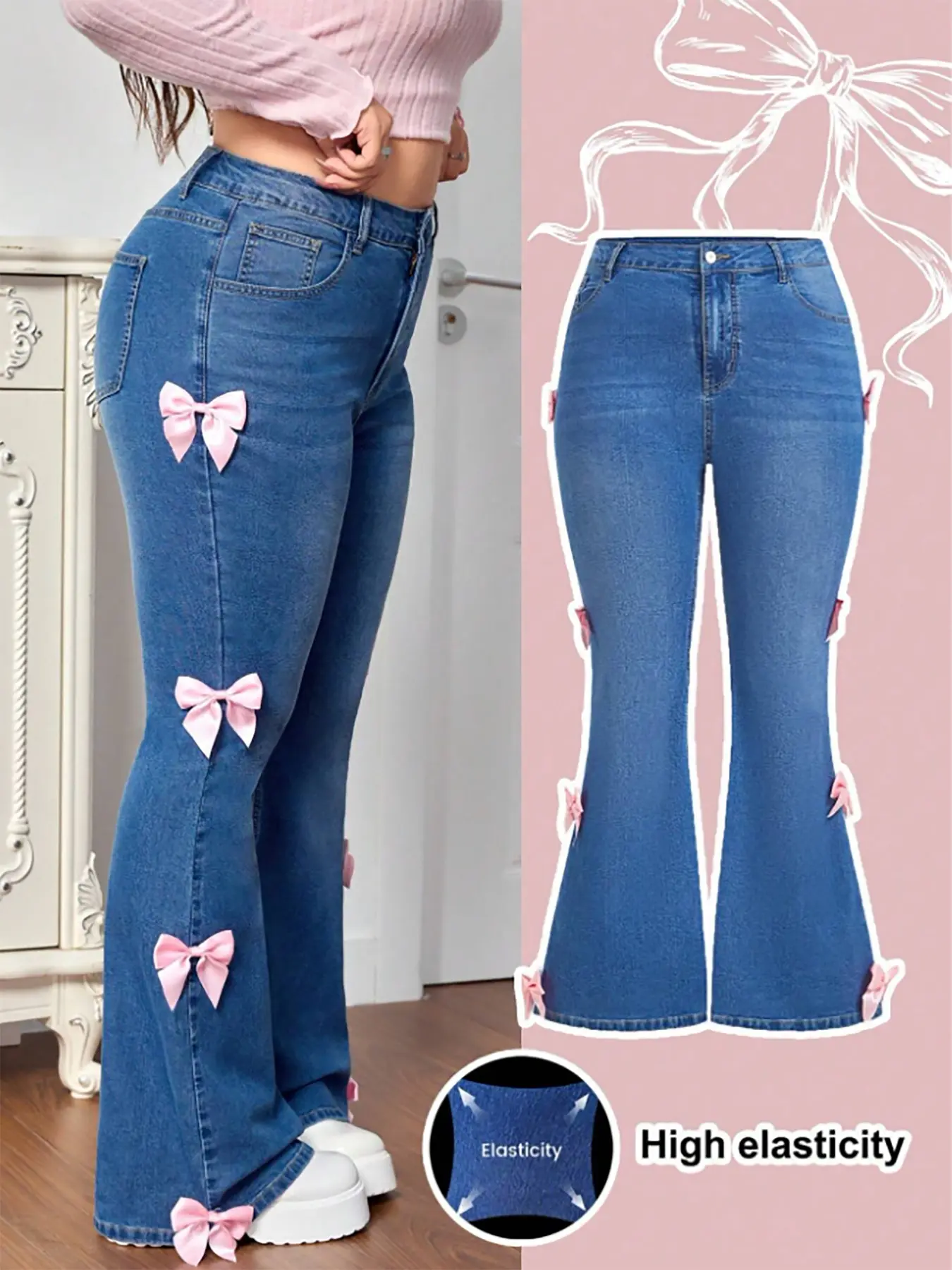 Plus Size Women's Casual Versatile Cute Bowknot Butterfly Denim Fabric Stretchy Jeans, Pants, Comfortable High Waist Fitted Stretchy Jeans for Daily Wear & Stylish
