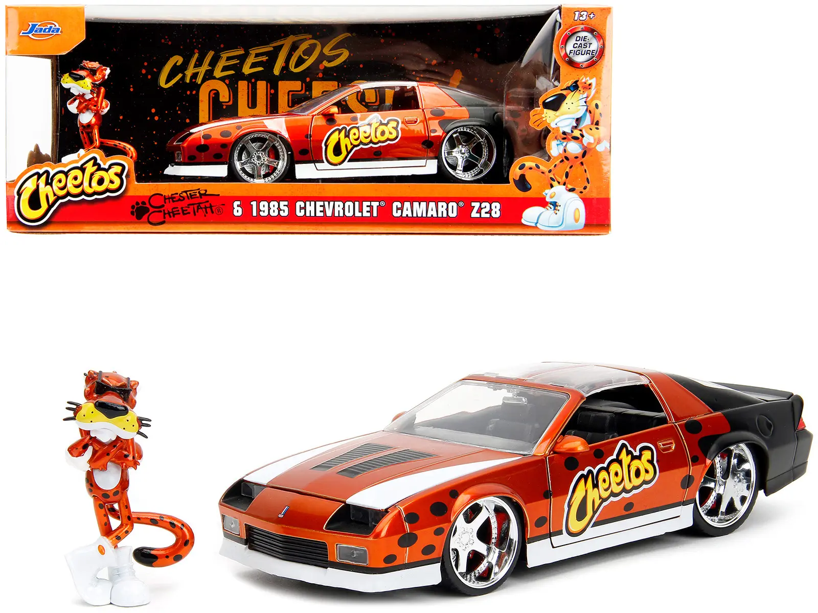 1985 Chevrolet Camaro Z/28 Orange Metallic w/Graphics & Chester Cheetah Diecast Figure "Cheetos" 1/24 Diecast Model Car by Jada