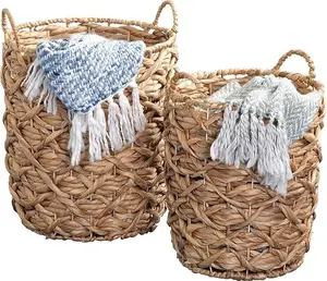 Water Hyacinth Round Wicker Baskets - Set of 2 with Handles for Home Storage - Organizer for Blankets, Towels, and More Metal Decorative