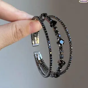 Elegant Black Cuff Bracelet for Women, Triple Row Rhinestone Stretch Bracelet with Cubic Zirconia, Luxury Statement Jewelry for Party, Wedding, Vacation, Music Festival and Evening Dress Accessories