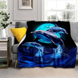 1Pc Jumping Dolphins Flannel Throw Blanket – Soft, Lightweight Fleece With Digital Printing, 31X47In / 50X60In / 60X80In, Warm & Cozy For Sofa, Bed, Travel, Camping, Living Room, Office, Couch, Chair, Travel Blanket |   Dolphin Pattern Throw |   Tearresis