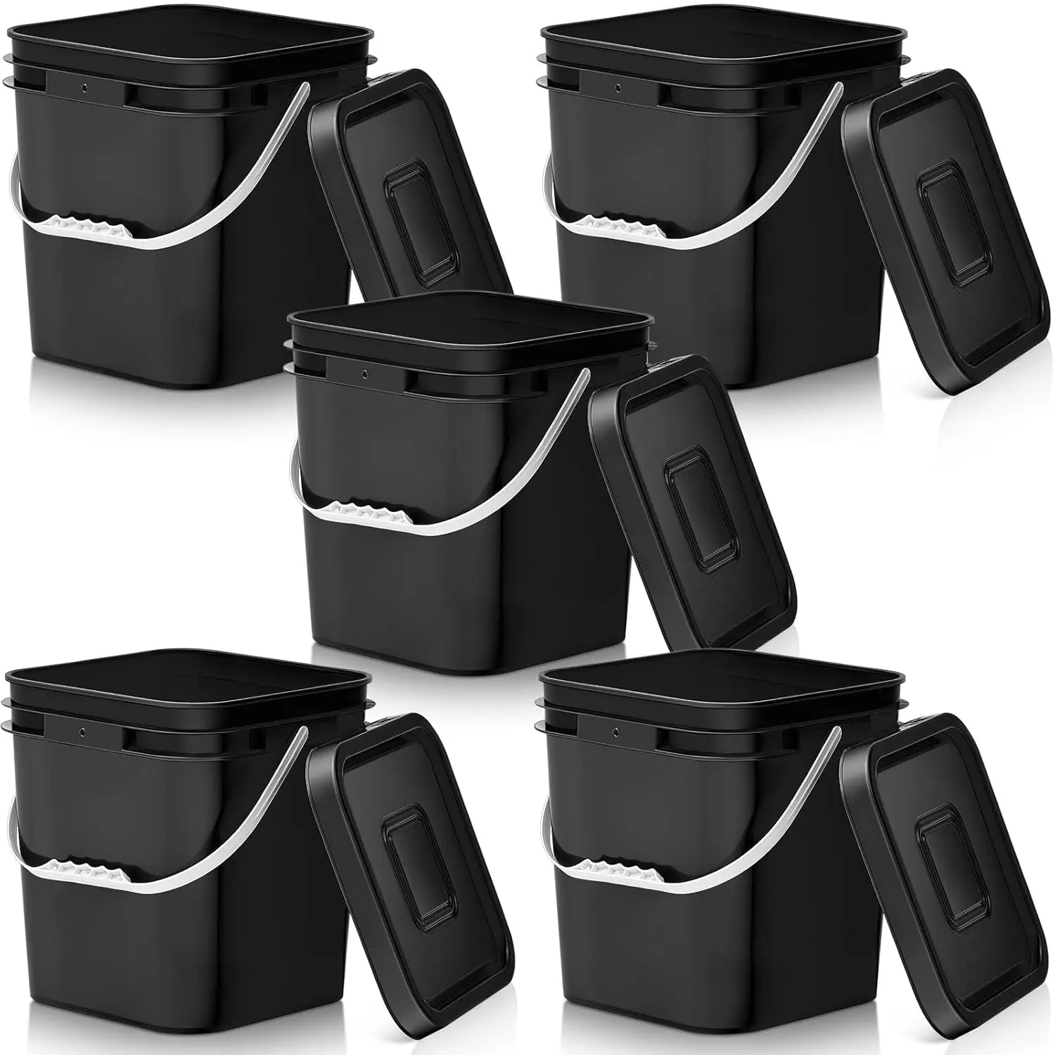 5 count 3.5 Gallon Square  Grade Bucket with Lid Square Bucket Pail with Plastic Handles for Storing Dry , Charcoal, Camping, Fishing (Black)