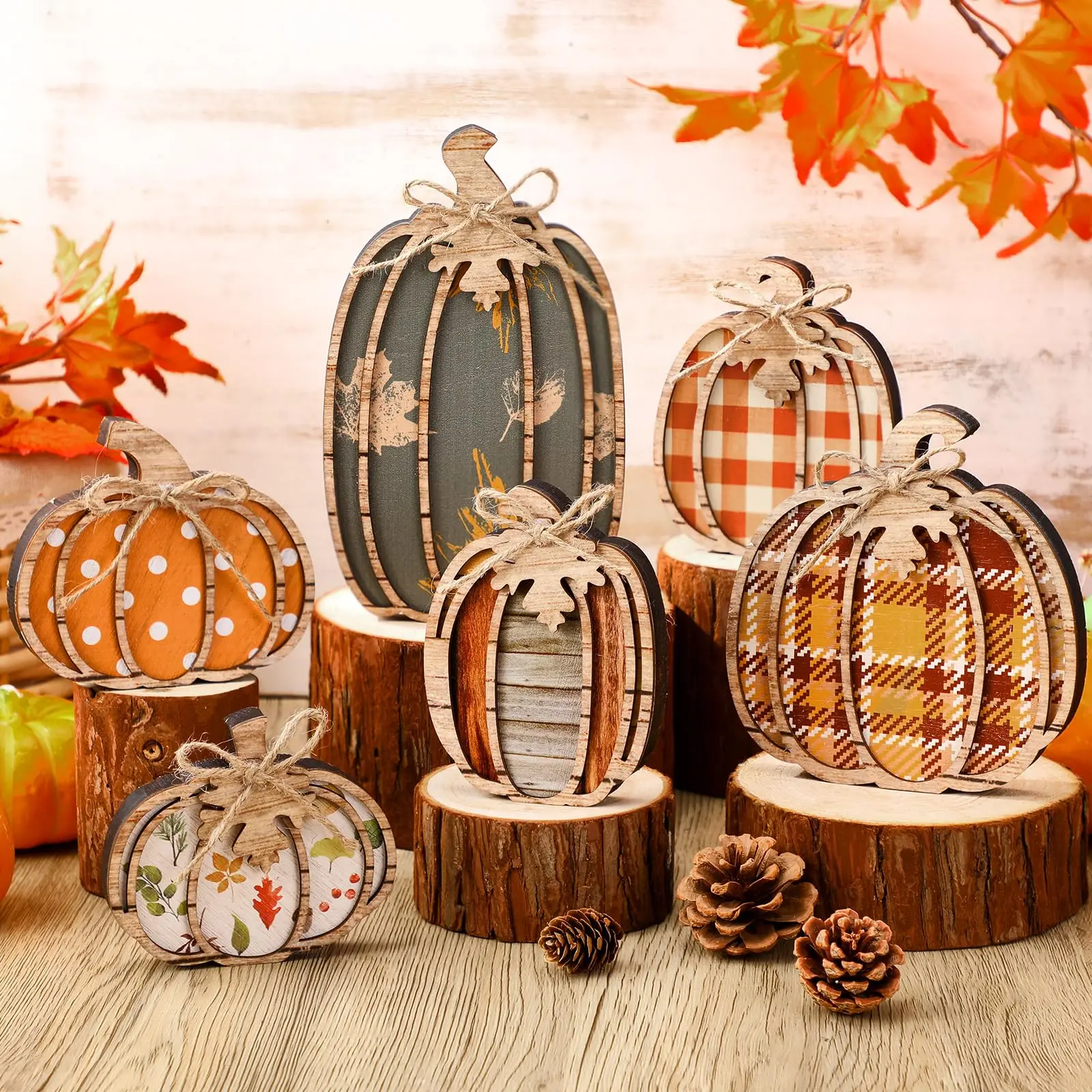 Set of 6 autumn pumpkin decorations for home décor, including pumpkin block decor, tiered tray decoration, Thanksgiving table centerpiece, and suitable for harvest parties and home shelf decoration.