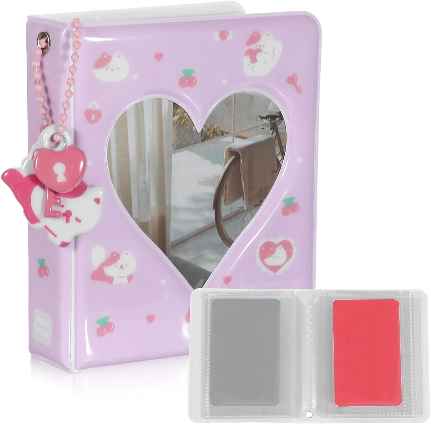 Kpop Photocard Binder 3 Inch Kpop Photocard Holder Book Cute Mini Photo Album Portable Kpop Binder Photo Card Album with Lovely Pendant for Photo Card Collection 40 Pockets Heart Hollow Design Waterproof & Silica Gel Material