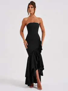 Women's Elegant Halter Backless Strapless Dress, Long Sleeveless Solid Color Summer Gown, Fashionable Slim Fit Formal Party Wear, All Seasons Womenswear Lady Elegance Clothing, Elegant Dresses