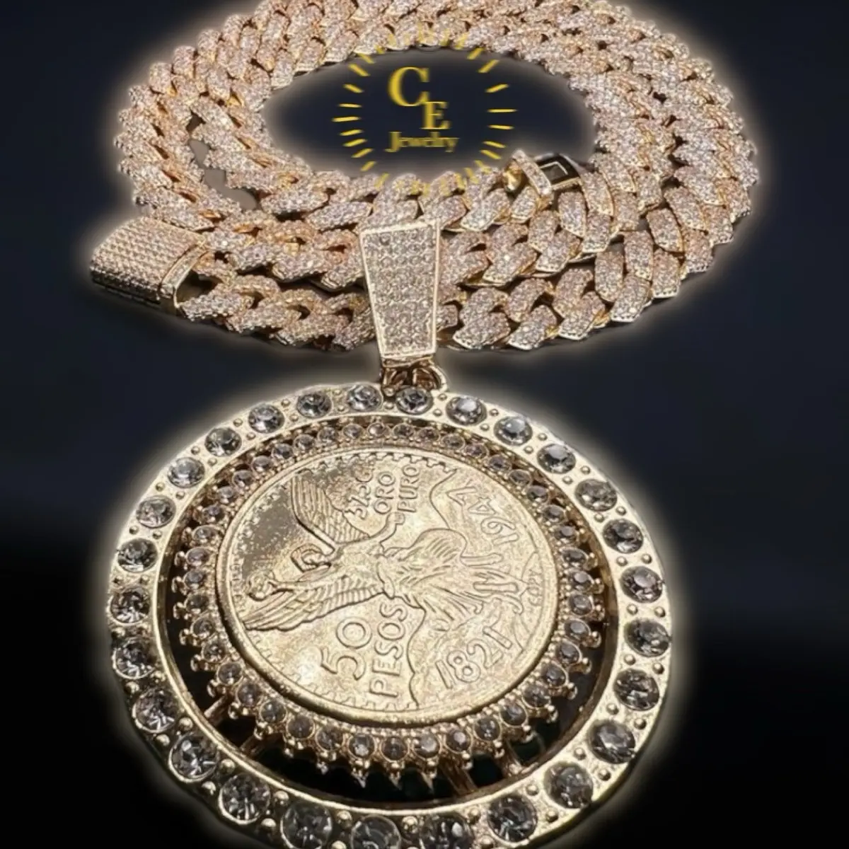 CEJEWELRY Roulette Chain 14k Gold Plated Necklace with Spinning Coin and Prong Set CZ Stones - Saint Jude Pendant