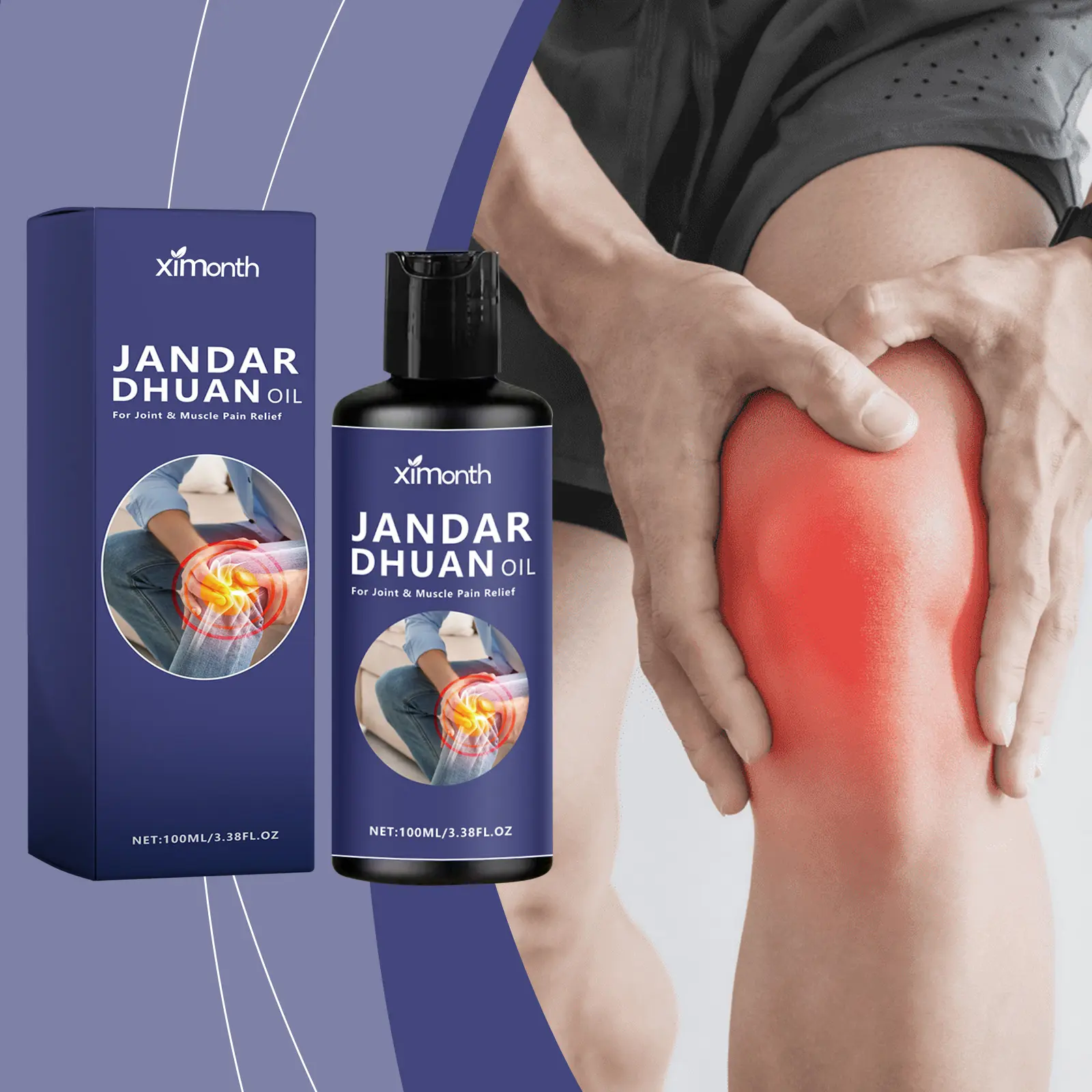 Ximonth Pain Relief Body & Massage Oil - 100ml (3.38fl oz) Deep Penetration Aromatherapy Treatment with Arnica Flower Extract, Glucosamine, Peppermint for Adults’ Soothing Long-Lasting Joint & Muscle Support, Joint Pain, Muscle Pain