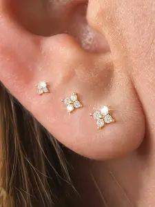 3 Pcs Mini Earrings, Synthetic Zircon Flower Studs, Cute Cartoon Design, Elegant Style, Suitable for Daily Wear, Gifts, Parties