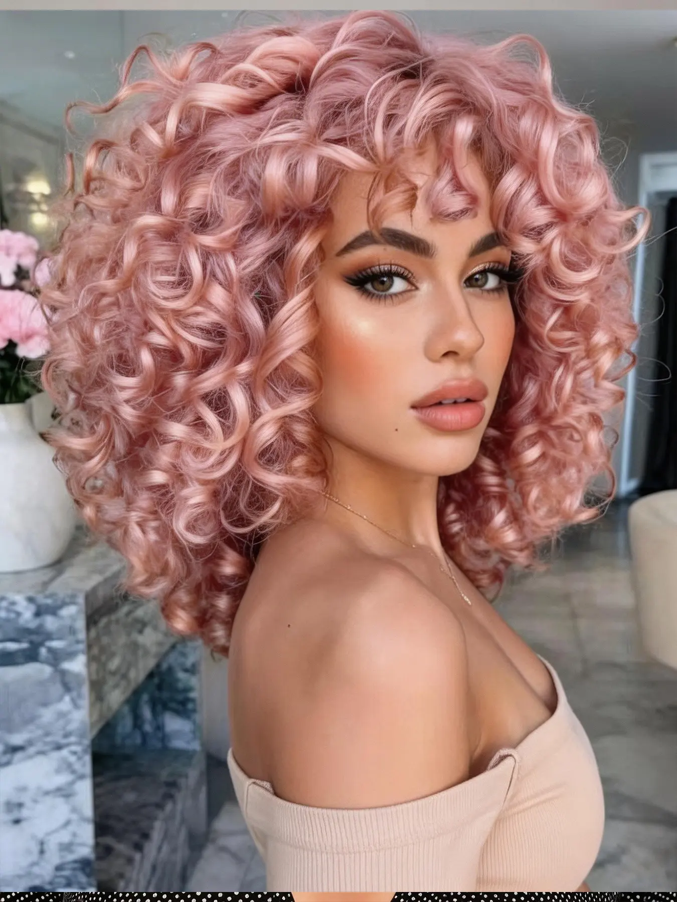 Pink Curly Afro Wig with Bangs for Black & White Women Synthetic Hair Replacement Wig Fluffy Natural Soft for Daily Wear & Cosplay Fluffy Synthetic Wigs Synthetic Fiber Wig