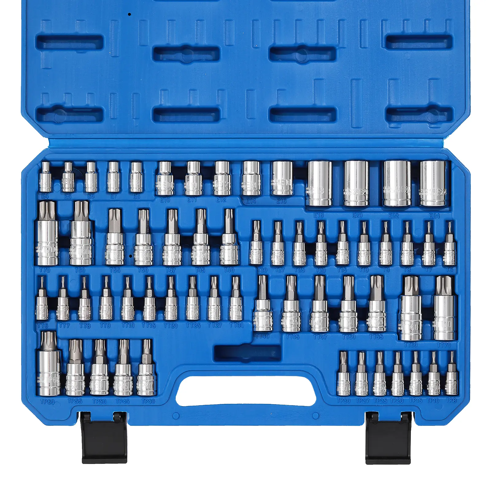 CASOMAN 60-Piece Master Torx Bit Socket & External Torx Socket Set, S2 & Cr-V Steel Mechanic Wrenches (E4-E24, T6-T70, TT6-TT70, TP8-TP60), Accurate Size Fit, Chrome Finish, Rust Resistant, Manufacturer Warranty, Father's Day Gift