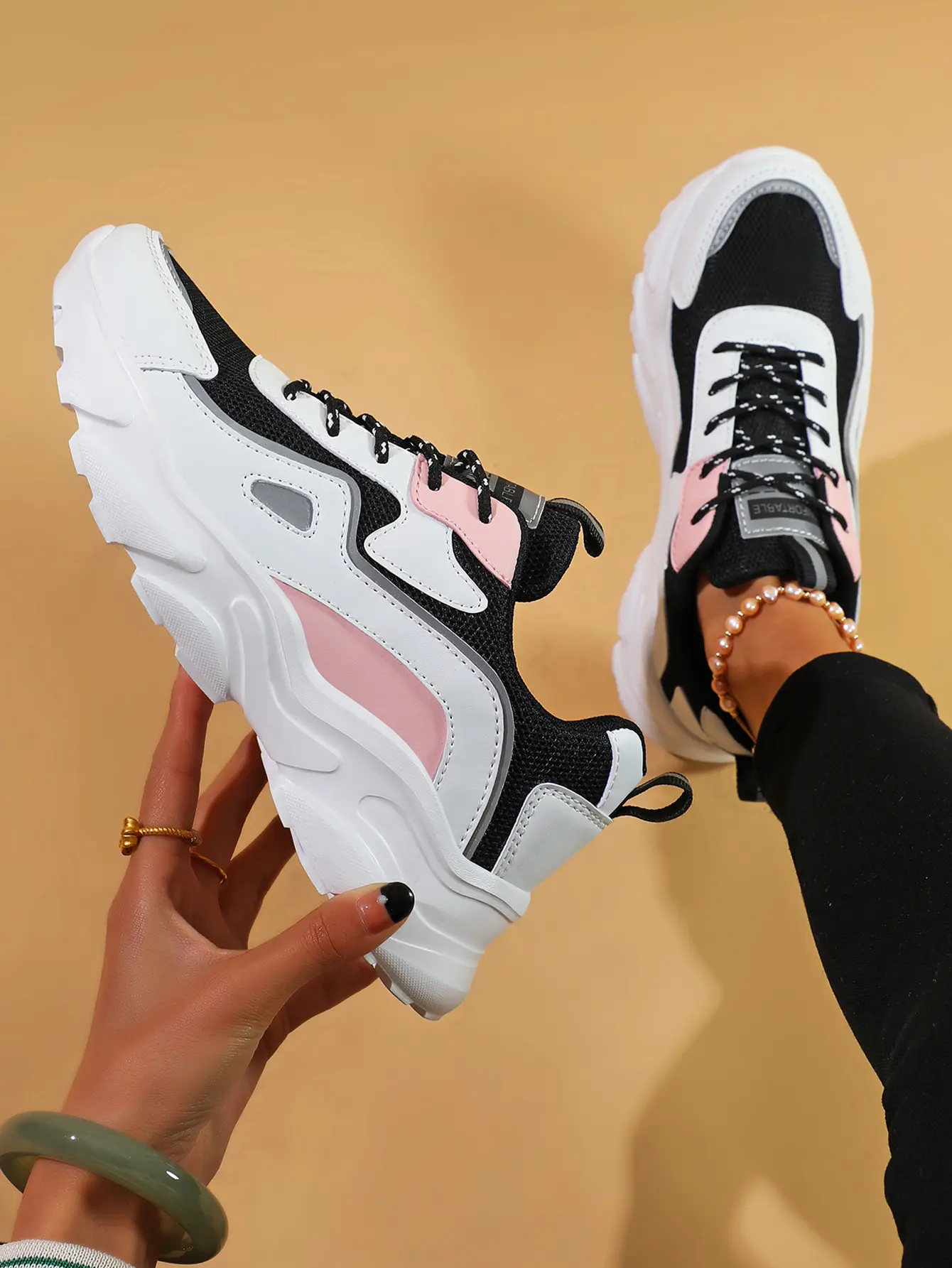 Women's Black and White Knit Walking Shoes - Low Top Everyday Sneakers for Women, Casual Breathable Athletic Trainers with Thick Sole and Pink Accent, Everyday Shoes, Women's Shoes