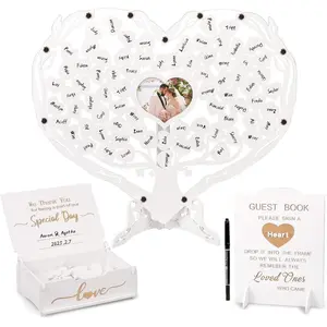 Heart Wedding Guest Book Alternative, White Rustic Wooden Wedding Souvenirs with Heart Picture Frame, Heart Guest Book Drop Box, Personalized Decor Party Birthday