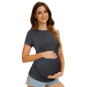 MIRAZEN Maternity Shirts for Women – Crew Neck Maternity Top Short Sleeve Side Ruched Pregnancy