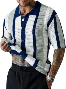 Men's Summer Ruffle Striped Polo Neck Knit Cardigan Knitwear, Trendy Old Money Style, Breathable Hollow Out Fabric, Casual Daily Wear