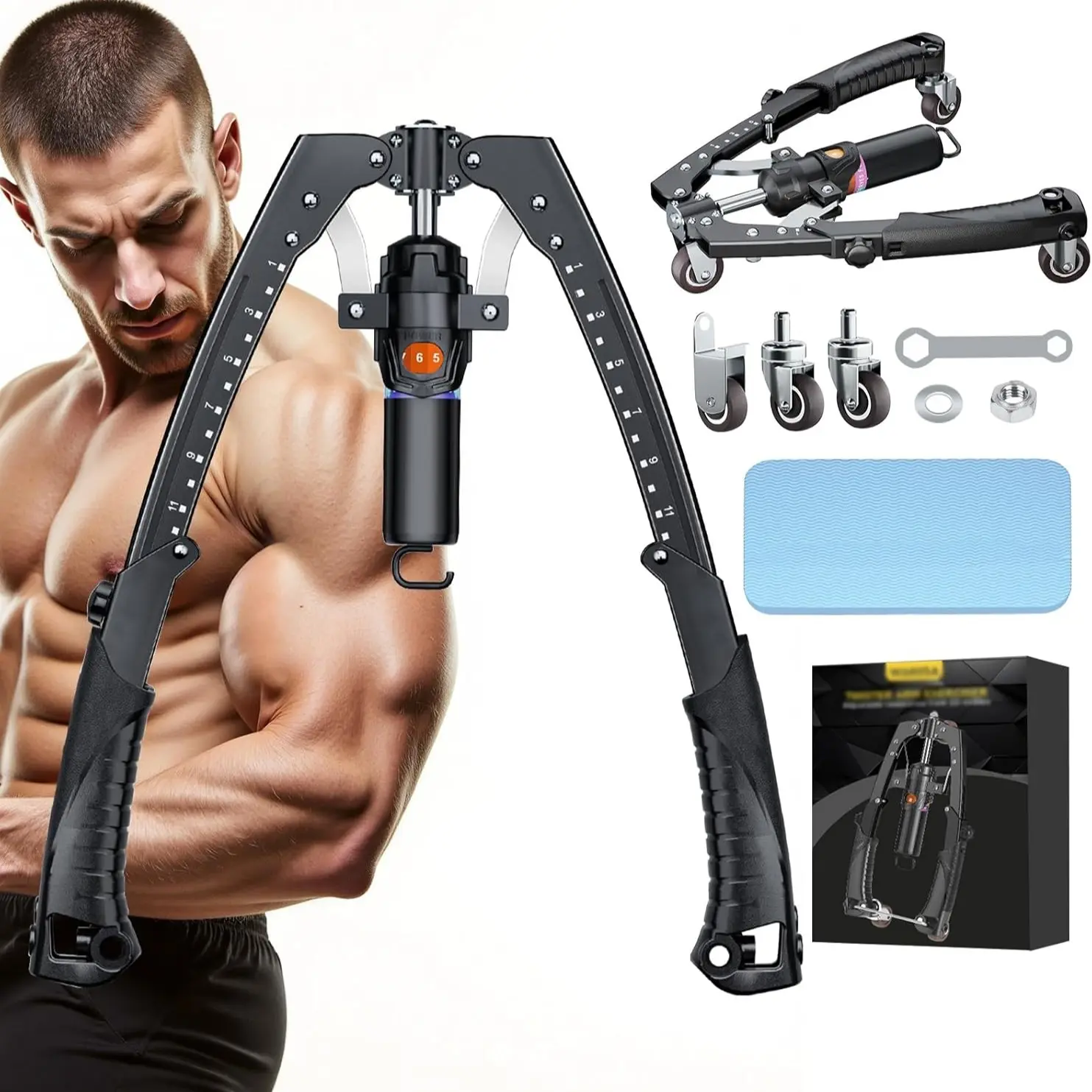 Twister Arm Trainer, Twister Arm Exerciser, 3-in-1 Hydraulic Chest Workout Equipment with Ab Roller Wheels and Hooks, Adjustable 22–440 lbs Resistance, for Men and Women, Indoor Fitness Equipment for Home Full-Body Strength Training, Indoor Fitness Gear
