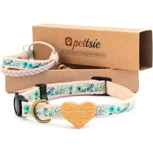 Pettsie Cat Collar with Heart, Safe Breakaway Buckle, Matching Friendship Bracelet, Soft and Comfortable Cotton for Sensitive Skin, Carton Box, Easy Adjustable 8-11 Inches, Green
