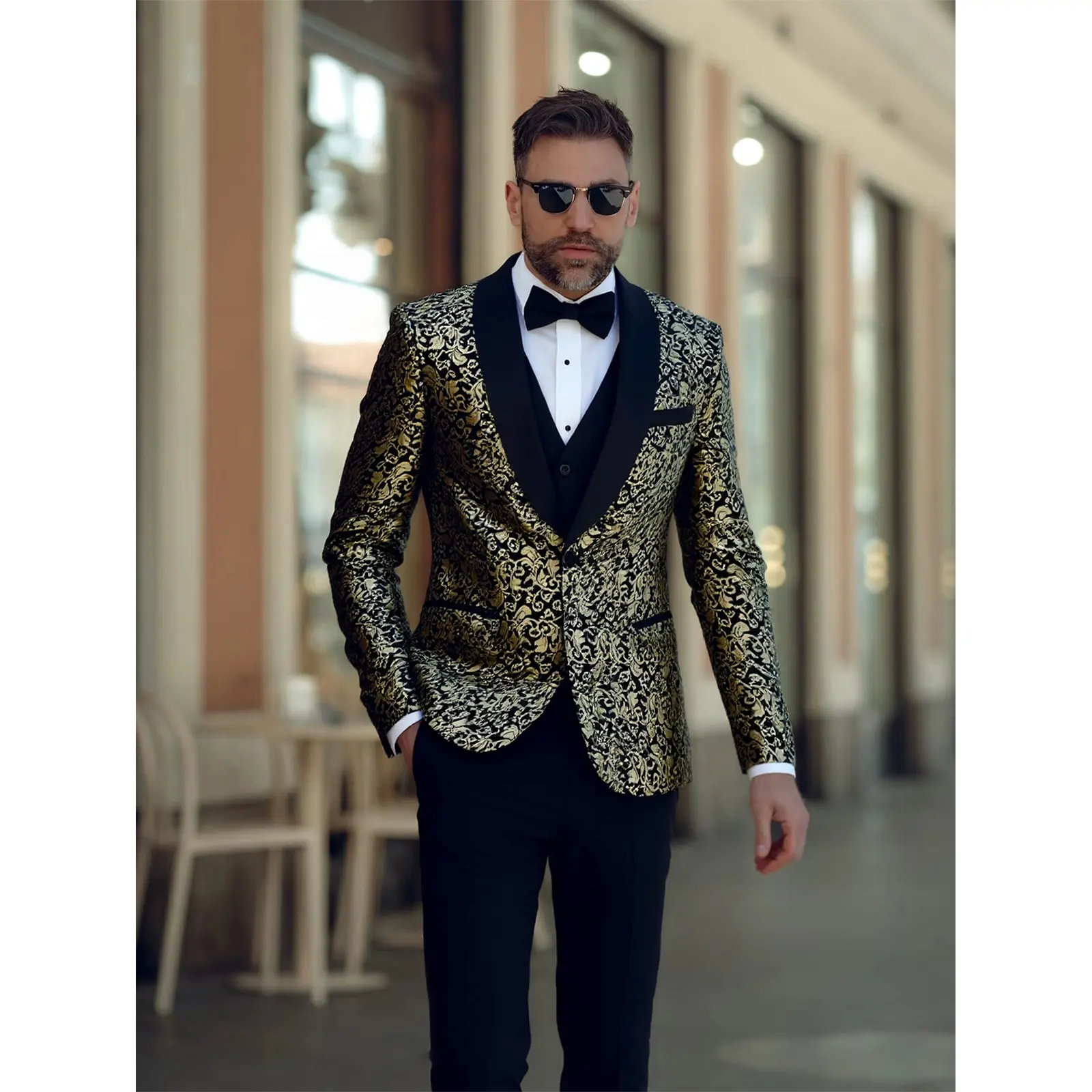 Men's 3-Piece Slim Fit Tuxedo Suit - Floral Jacquard Shawl Collar Long Sleeve Jacket, Black Vest, Polyester Pants with Pocket, Menswear for Prom (with Strap), Rayon, Matching, Set, Classic, Drape, Fitted, Wedding, Button, Evening
