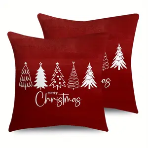 2pcs Christmas Throw Pillow Covers Merry Christmas in Wine Red with Minimalist Christmas Tree Designs, Zip Closure, Winter Holiday Party Cushion Case for Bedroom Sofa Couch Patio Festive Home Decor, Single Sided Printing, No Pillow Core