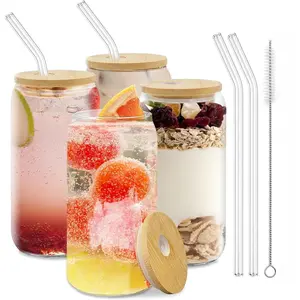 Everyday Drinking Glasses Cups 4pcs, 16oz Drinkware Kitchen Glass for Cocktail, Iced Coffee, Beer, Ice Tea, Juice, Wine, Whiskey, Water, Home Essential Cup, Include 1Cleaning Brushes