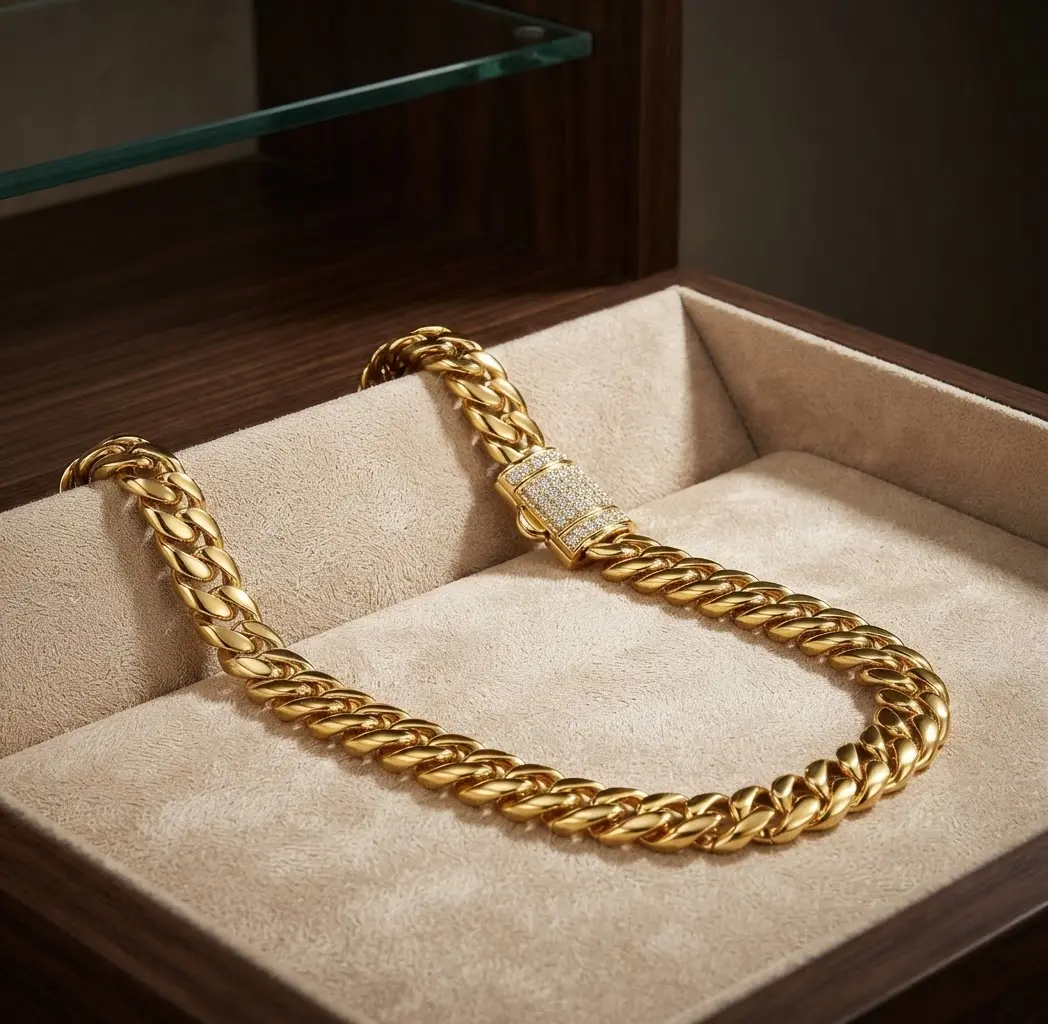 14K Gold-Plated Titanium Steel Cuban Link Chain for Men, Iced-Out Diamond-Encrusted Thick Encrypted Box Clasp Hip-Hop Necklace