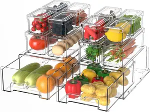 AISOON 14 Pack Fridge Organizer, Stackable Refrigerator Organizer Bins with Lids, With a Pull-out Large DrawerBPA-Free Produce Fruit Storage Containers for Food, Vegetable Storage Durable Kitchen Appliances