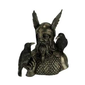 Norse God Odin in Winged Helm with Ravens Statue