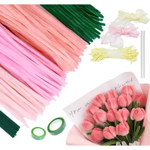 400 count  Pipe Cleaners Craft, Colored Pipe Cleaner Flower Kit with Chenille Stems, Pipe Cleaners Bulk with Gardening Tape and Ribbons,  Craft Supplies for DIY Party Decor