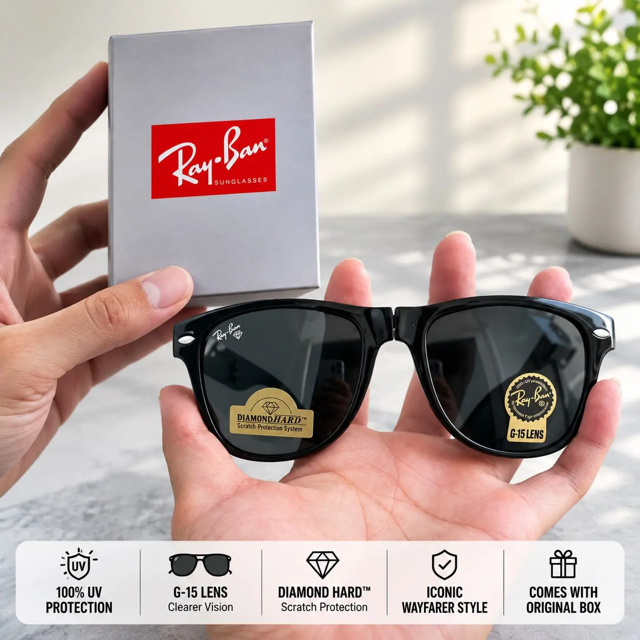 <3_Ray-Ban Wayfarer Sunglasses for Men & Women – Black Glossy Frame