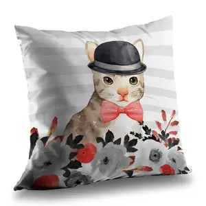 360 Stand Gray Poly Twill Weave Throw Pillow - 14x14 in Soft Cushion, Playful Look Cat Detective Design for Home Decor, Whimsical, Style