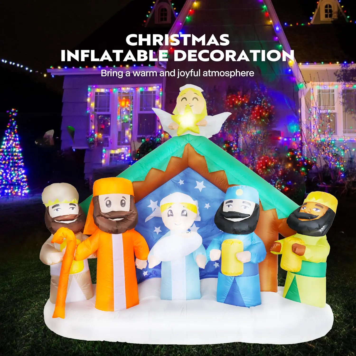 8 FT Christmas Inflatables Nativity Scene Outdoor Decoration, LED Lighted Inflatable Nativity Scene Christmas Blow Up Yard Decoration Nativity Sets for Outdoor Garden Lawn Yard Patio Decor