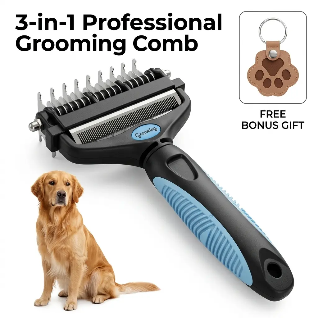 Professional 3-in-1 Double-Sided Stainless Steel Undercoat Rake for Dogs & Cats - Double-Sided Fur Removal, Easy Grooming, Loose Fur & Matted Hair Deshedding Tools, Double-Sided Fur Removal Shedding Tools, Undercoat Rake Shedding Tools