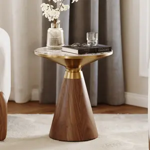 HOMARY Round Walnut Contemporary End Table - Modern Wood Table with Sintered Stone Tabletop