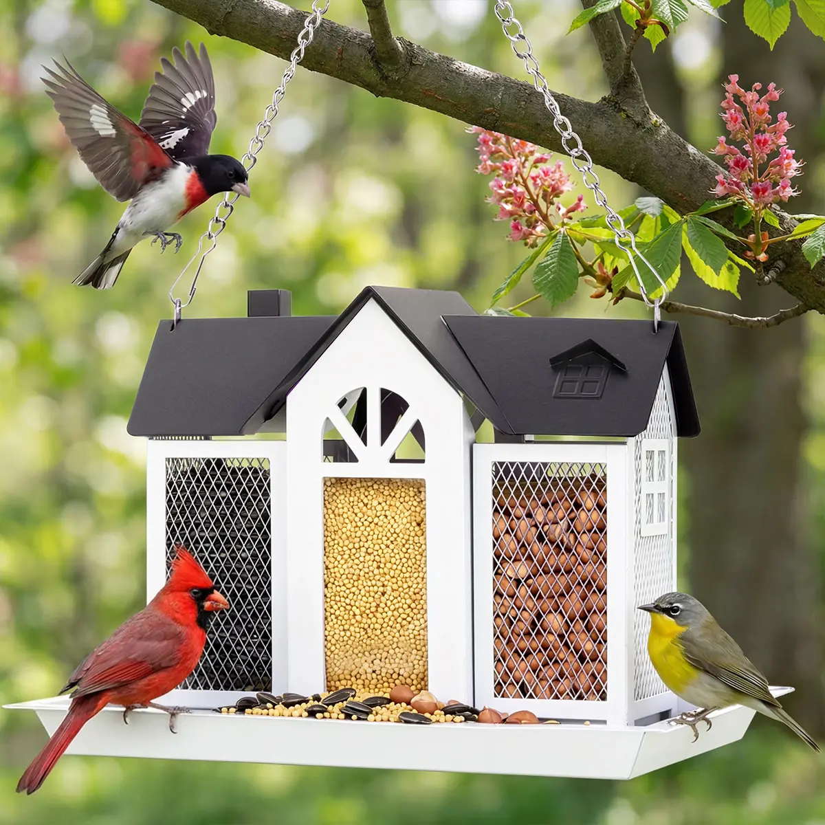 PAWGIANT Bird Feeder House for Outside, 10" × 8" × 7", Hanging Metal Mesh Wild Bird Feeder with Triple Feeders for Finch Cardinal Chickadee Large Capacity, Weatherproof and Durable, Garden Decor for Outside, Unique Gifts for Bird Lovers, White, DFYD