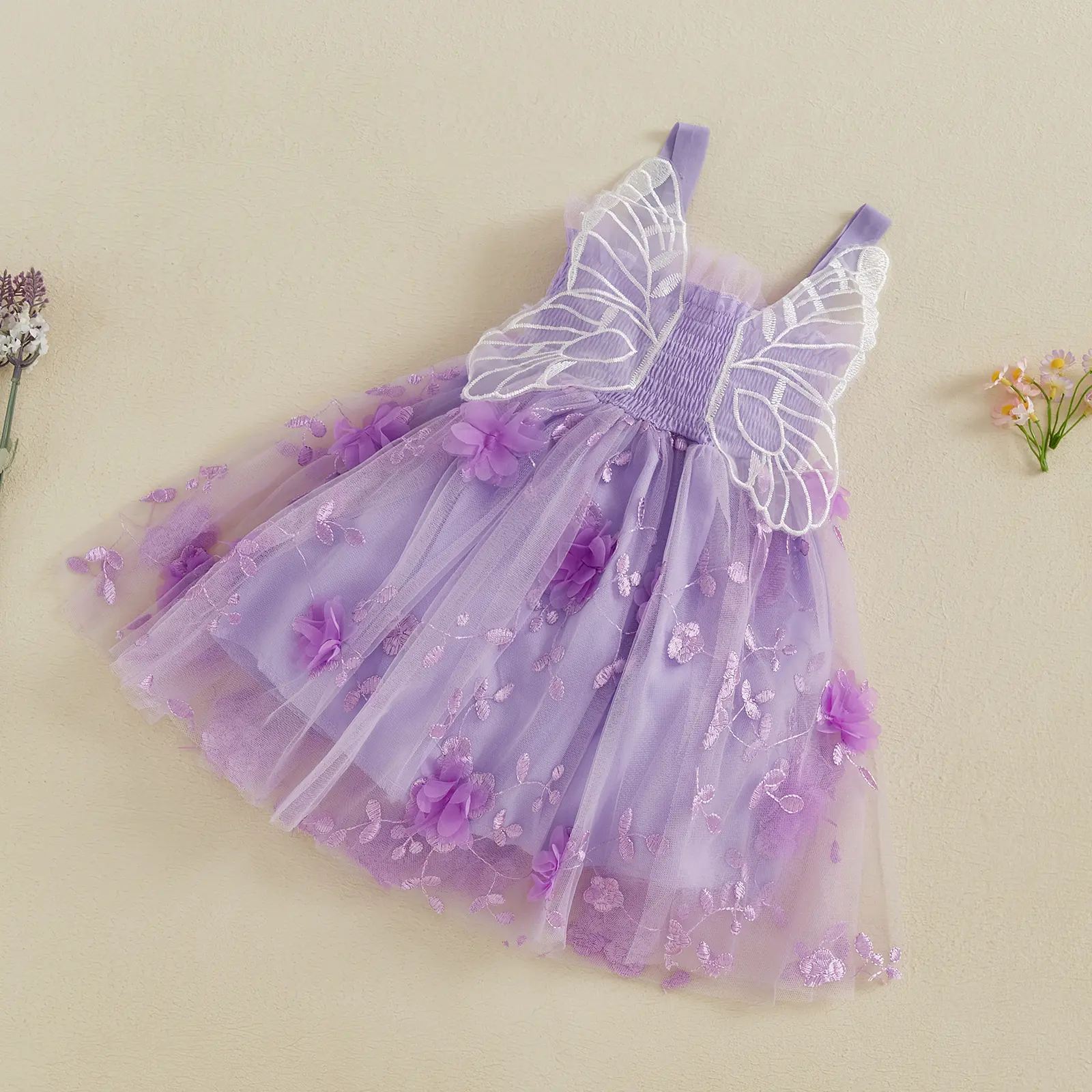 A cute butterfly wing chiffon dress for summer, suitable for baby girls -3D flower decal fairy dress, perfect for special occasions for children aged 0-4.