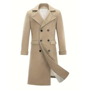 Men's Notch Lapel Double Breasted Long Trench Coat Casual Windproof Overcoat