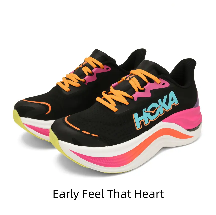 Breathable perforated knit sport footwear with pure black shoe body and multi-color curved gradient sole, lightweight construction effectively eases foot fatigue after long hours of walking and shopping.