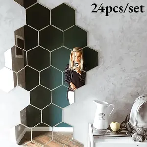 24pcs 5.91-Inch Hexagon Mirror Wall Stickers - Decorative Wall Sticker, DIY Removable Mirror Decals, Easy to Install. Suitable for Living Room, Classic Home Decor Accessories, Mirror Wall Decor