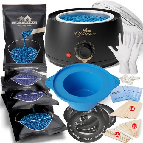 Lifestance Beginner’s All-in-1 Digital Warming Waxing Kit - L1 Hard Wax Warmer, 3.5oz Beads, Soft Almond Oil, Gloves, Cleansing Support, 5-Year Care Plan, Shaving-Free Hair Removal for Sensitive Women’s At-Home Coarse Hair (Blue All Skin Types Gift Pack)