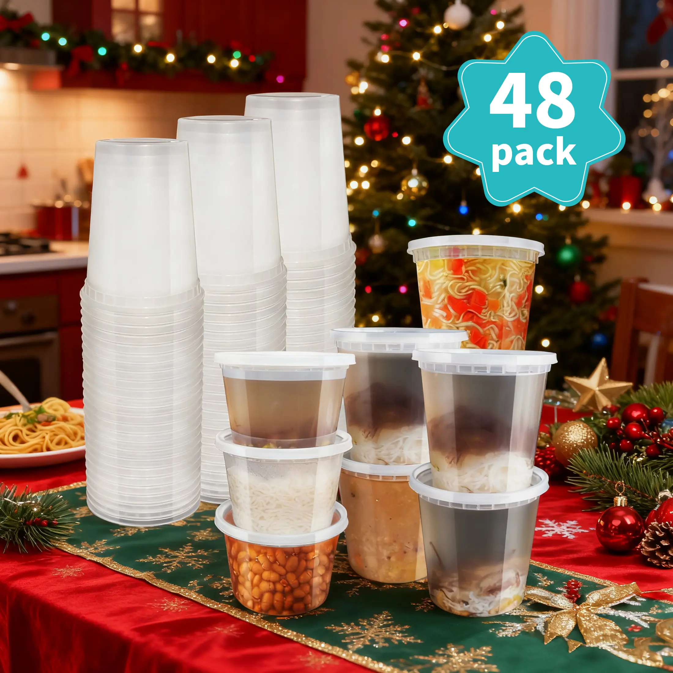 48-Set Disposable Transparent Plastic Kitchen Food Storage & Soup Containers with Lids, Multi-Size (8 oz,24 oz,32 oz), Heat-Resistant, Microwave-Safe, Leak-Proof, Freezer-Friendly, Reusable for Parties, Takeout, Desserts